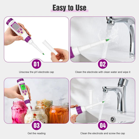 Kitchen Must Have Chef Grade Food PH Meter For Fermentation And Hot Sauce Testing with cleaning and measuring steps shown