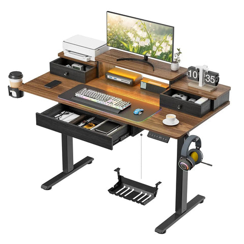 47 Inch Electric Standing Desk With RGB LED Gaming Table And Memory Height Adjustments For Ultimate Battle Station Setup In Modern Homes, featuring a brown top and multiple storage options.