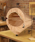 Miter Saw Dust Hood With Led Light And Universal Fit For 10 And 12 Inch Saws, Storage Bag Included, Powerful Dust Containment With 4 Inch Vacuum Port For Garage And Workshop Cleanup in khaki color, shown in a workshop setup.
