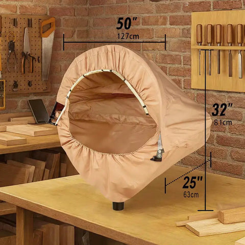 Miter Saw Dust Hood With Led Light And Universal Fit For 10 And 12 Inch Saws, Storage Bag Included, Powerful Dust Containment With 4 Inch Vacuum Port For Garage And Workshop Cleanup in khaki color, shown in a workshop setup.