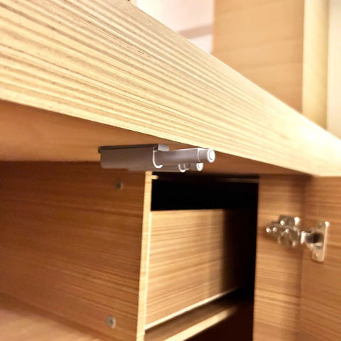 Push To Open Magnetic Door Latches 4 Pack For Hidden Doors Cabinets RV Drawers And Kitchen Cupboards Gray Finish installed on cabinet