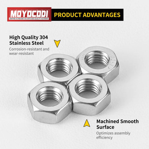 Front view of four M4 stainless steel hex nuts, 304/18-8 bright finish.