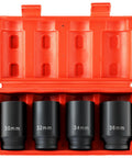 Beefy Half Inch Drive Deep Impact Socket Set Four-Piece 12 Point Metric Axle Nut Sockets in red case, sizes 30mm to 36mm