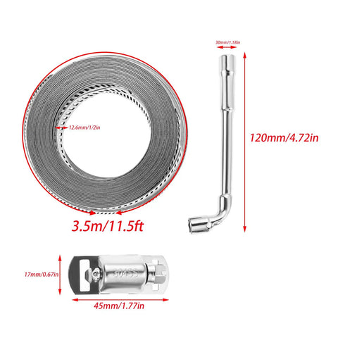 Get A Massive 11.5 Foot Stainless Steel Duct Pipe Hose Clamp Kit With Heavy Duty Metal Strap And 8 Rock Solid Worm Gear Fasteners For Super Easy Auto Parts Repair And Diy Projects. 3.5m stainless steel hose clamp kit with worm gear fastener, shown with 12.6mm band and 45mm clamp