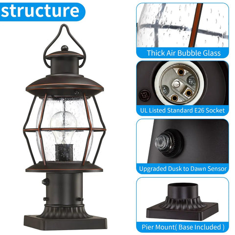 Dusk To Dawn Outdoor Post Light With Pier Mount Base 16.8 Inch Waterproof Hardwired 120V Oil Rubbed Bronze Post Lighting For Driveway
