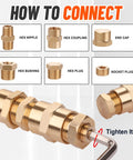 Ailbiuko 60pc brass pipe fittings kit with hex nipple, hex coupling, end cap, hex bushing, hex plug, socket plug.