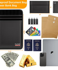 Fireproof Document Bag With Organizer Travel Case 5200F insulation, shown with assorted documents and valuables