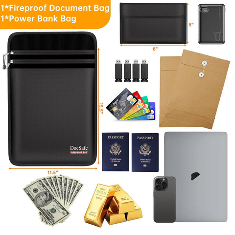 Fireproof Document Bag With Organizer Travel Case 5200F insulation, shown with assorted documents and valuables
