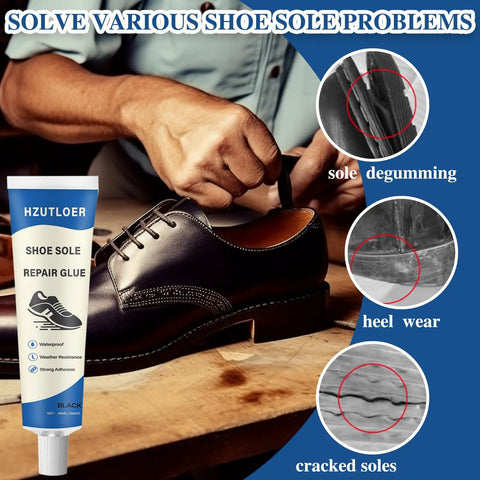 Shoe Sole Repair Glue For Heel Wear And Cracking in use on leather shoe, demonstrating adhesive application on degluing area