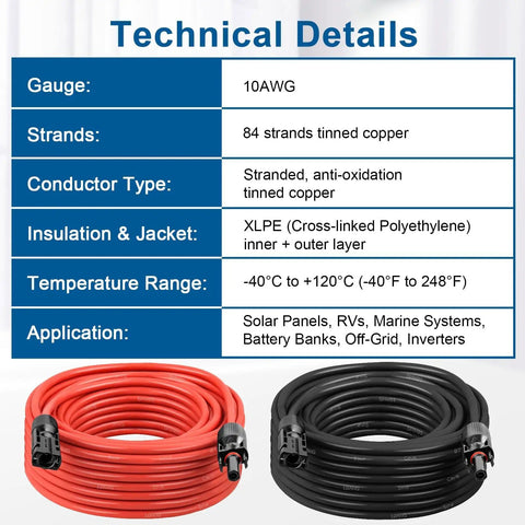 10AWG Solar Extension Cable 5 Ft 2 Pack Red And Black PV Wire With Solar Connectors, 84-Strand Tinned Copper, Technical Details