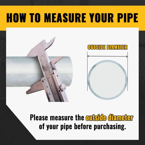 Diagram showing how to measure the outside diameter of a pipe with a caliper for accurate sizing before purchasing.