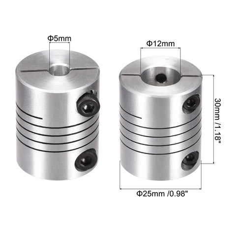 Two Pack Aluminum Helical Beam Motor Shaft Coupler Five Mm To Twelve Mm Bore, silver, 30mm length, for DIY pros.