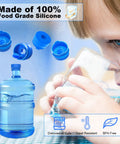 Child drinking water beside illustrated 3 Pack Reusable Food Grade Silicone Water Jug Cap For 3 And 5 Gallon Jugs With 55mm Mouth Standard Screw Crown Tops Leak Free Non Spill Cap For Water Bottles And Water Dispensers