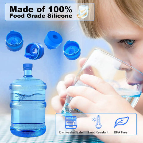 Child drinking water beside illustrated 3 Pack Reusable Food Grade Silicone Water Jug Cap For 3 And 5 Gallon Jugs With 55mm Mouth Standard Screw Crown Tops Leak Free Non Spill Cap For Water Bottles And Water Dispensers