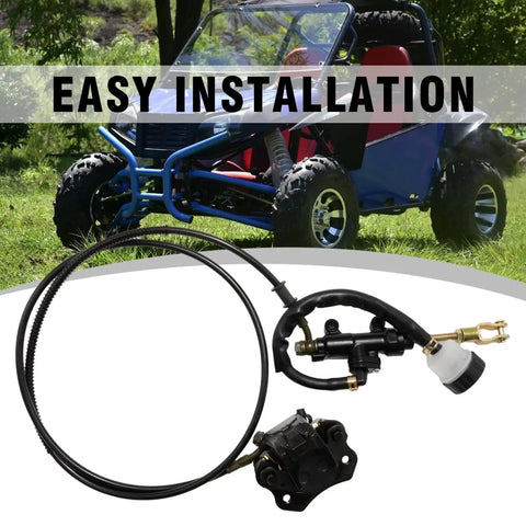 Rear And Front Hydraulic Brake Assembly Caliper Master Cylinder Kit With Disc Rotor And Brake Pad For Go Kart Golf Cart And ATV Replacement Beefed Up Stopping Power For 50cc To 200cc Engines, shown with a go-kart in the background.