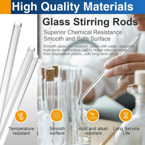 12 Pieces Pro-Grade Borosilicate Glass Stirring Rods Set, 6 Inch By 5 mm Round End, Heavy Duty Lab And Kitchen Stirring Rods With High Heat Resistance Up To 297 Degrees Fahrenheit, Ideal For Experiments And Cooking. 6-inch borosilicate glass rods for lab and kitchen use