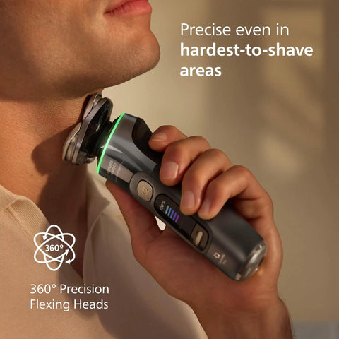 Clutch Ultra Precise Wet And Dry Electric Shaver With SenseIQ Pro Technology 360 Flex Heads Triple Lift And Cut System NanoTech Precision Blades For A Close Daylong Shave Quick Clean Pod Included Dark Slate shaving under chin