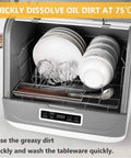 No Fuss Portable Countertop Dishwasher With Eight Liter Tank And Four Custom Wash Cycles Featuring Swift Air Dry Tech and Soft Led Buttons Perfectly Sized For Super Cramped Apartment Kitchens showing plates, cups, and cutlery in the rack.