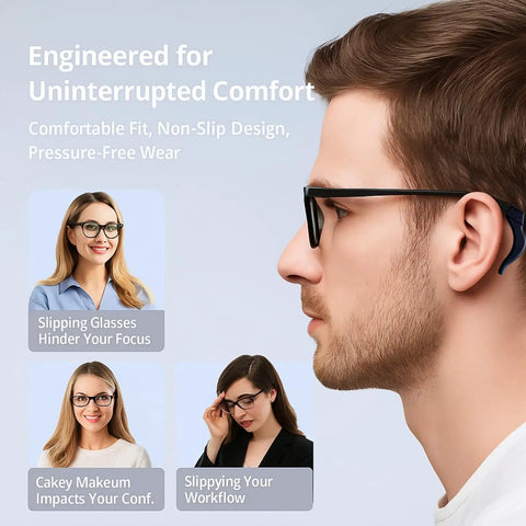 Smart Glasses Accessory Kit With 4 Pairs Non Slip Nose Pads Adjustable Anti Drop Lanyard Temple Tips Leg Socks in use on model