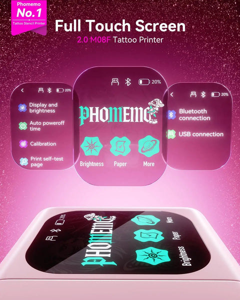 M08F Plus Tattoo Stencil Printer With Touchscreen And Bluetooth, pink device with illuminated screen interface.