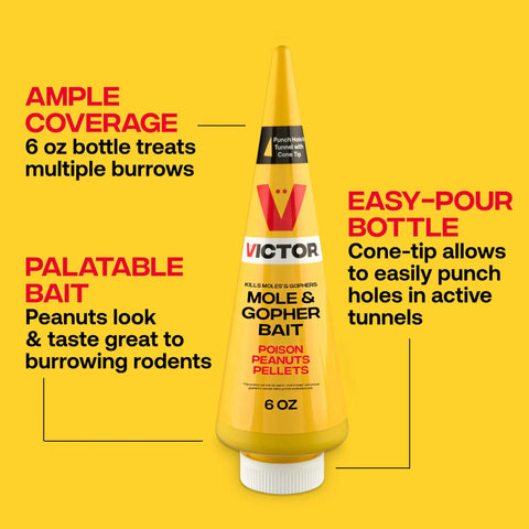 Outdoor Mole And Gopher Poison Peanut Bait 4 Pack With Cone Tip For Hole Access Easy To Apply Yard Pest Control For Moles And Gophers Weather Resistant Pellets For Long Lasting Season Protection 6 oz bottle with text features