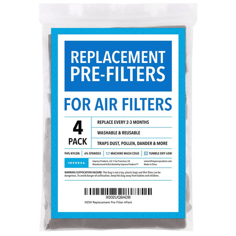 Washable Pre Filter Replacements For Blue Pure 411 Air Purifier packaging showing 4-pack and materials.