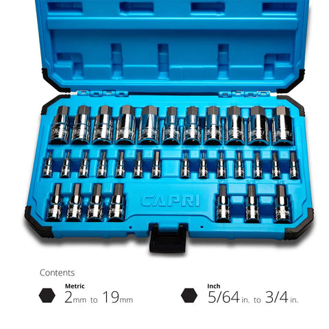 Open case of 32-Piece Hex Bit Socket Set With Metric And SAE Sizes, Drop-Forged S2 Steel Bits, Chrome Plated Chrome Vanadium Sockets
