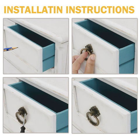 Installation of Six Piece Bronze Flower Drop Ring Drawer Pulls Set For Cabinets Dressers And Cupboards With Included Mounting Screws.