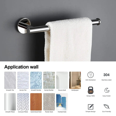 Four Piece Bathroom Hardware Set With Towel Bar Hand Towel Holder Toilet Paper Holder And Robe Hook In Polished Chrome Wall Mounted 17.7 Inch Heavy Duty Stainless Steel Rust Resistant Easy Install showing towel bar with towel on gray wall