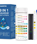 Legit 9 In 1 Aquarium Test Strips For Fish Tanks Testing Ammonia pH Nitrate Chlorine Nitrite Hardness Alkalinity Copper displayed with packaging.