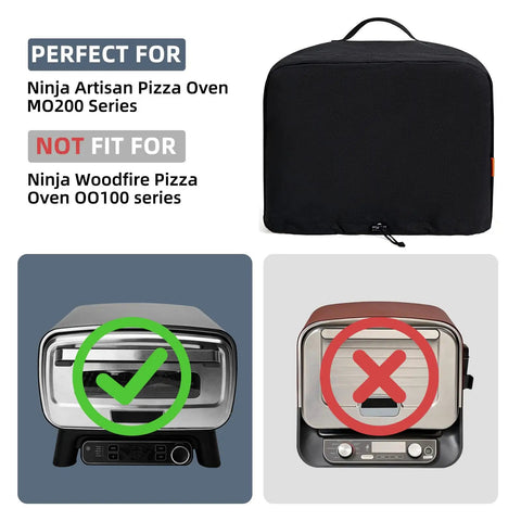 Waterproof MO201 Pizza Oven Cover with compatibility chart shown next to two different Ninja pizza ovens.