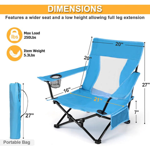 Heavy Duty Folding Beach Chair Set, 2 Pack For Outdoors, Adults with dimensions, cup holder, storage pocket, steel frame, blue.