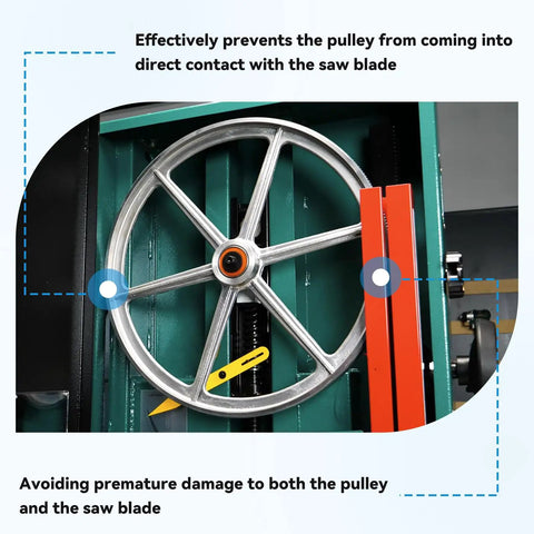 Interior mechanism of bandsaw with pulley and urethane bandsaw tire T23071 direct replacement for 17 inch G0513 series bandsaws pair.