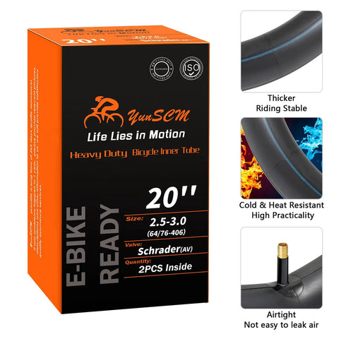 Box and close-up of Two Pack Beefy 20x3 E-Bike Inner Tubes For Fat Tires 64/76-406 AV32mm Schrader Valve