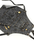 Denim Apron With Deep Pockets For Hair Stylists Baristas Gardeners And Craft Pros Cross Back Straps Adjustable From Small To Large Black 100 Percent Cotton Work Apron flat on white background showing pockets and straps.