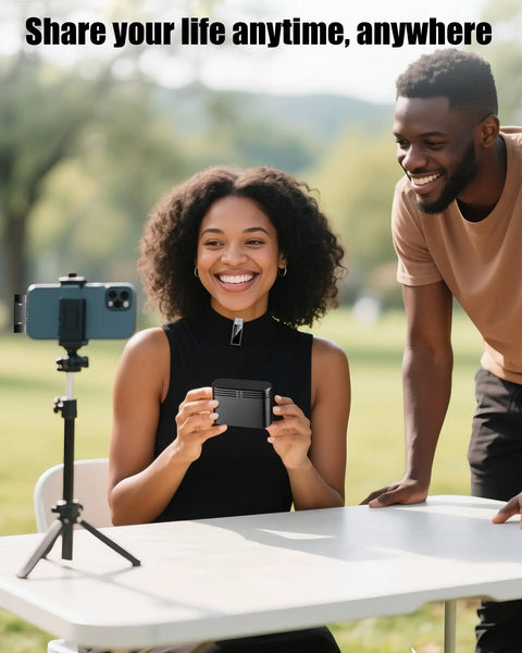 Woman using Go To Studio Quality Wireless Lavalier Microphone For iPhone And Android All Day 24H Charging Case outdoors