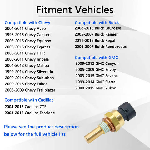 Coolant Temperature Sensor ECT For Chevy Buick GMC Cadillac Pontiac, Ultimate Replacement Unit For GM Cars, Fits Camaro Malibu Silverado Tahoe Suburban Equinox Impala Aveo Express HHR And More. Brass sensor with black connector.