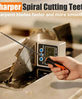 Person using a Three Piece Chainsaw Sharpening File Set With Easy Grip Plastic Handles on a table saw blade.