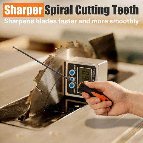Person using a Three Piece Chainsaw Sharpening File Set With Easy Grip Plastic Handles on a table saw blade.