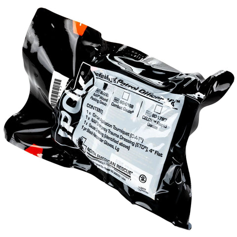 Front view of North American Rescue IPOK compact first aid kit pouch with gauze and CAT tourniquet.