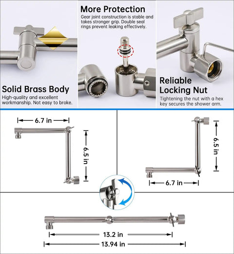 Solid brass 13-inch extension arm with locking nut, part of All Metal 10 Inch Rain Shower Head With 13 Inch Adjustable Brass Extension Arm kit.