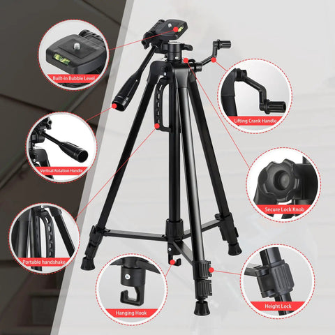 Adjustable Laser Level Tripod For Line And Point Lasers With One Quarter Twenty Mount, Extends 20.5 To 55 Inches, Collapsible Legs And Non Slip Feet, Stable Swivel Base, Carrying Pouch, For Precise Measurements On Any Job Site. Black aluminum tripod with bubble level, crank handle, and lock knobs