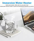 Portable 300W Immersion Water Heater For Coffee Tea Soup 120V 240V Travel Mug Warmer On The Go Instant Hot Water Reheater next to laptop