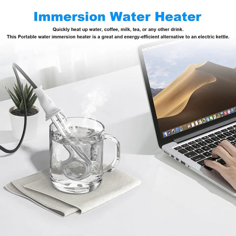 Portable 300W Immersion Water Heater For Coffee Tea Soup 120V 240V Travel Mug Warmer On The Go Instant Hot Water Reheater next to laptop