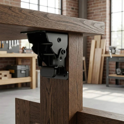 Heavy Duty 16 Pack Cold Rolled Steel Brackets, 90 Degree Self Locking Hinges With Screws on wooden frame for shelf support.