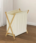 Collapsible Bamboo Wood Laundry Hamper With X Frame Foldable Laundry Basket And Linen Canvas Bag Handy No Fuss Clothes Sorter