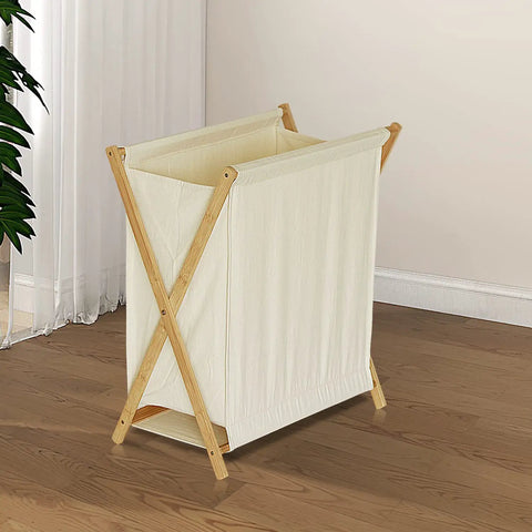 Collapsible Bamboo Wood Laundry Hamper With X Frame Foldable Laundry Basket And Linen Canvas Bag Handy No Fuss Clothes Sorter