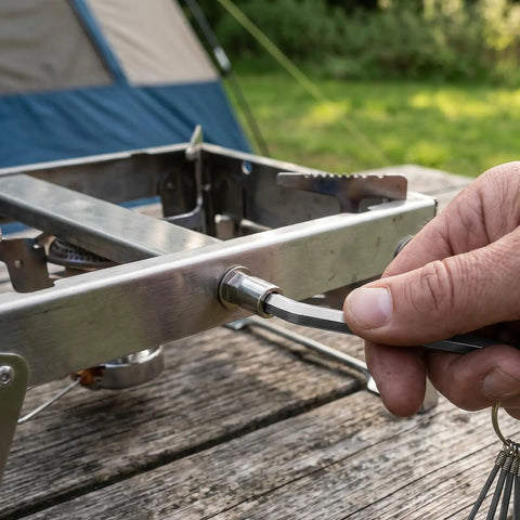 Super Tough 8Pcs Metric Hex Key Set With Handy Keyring, Heavy Duty L Shape Allen Wrenches, Nickel Plated Ratchet Drivers Perfect For Bike Fixing, Furniture Assembly, And Cool DIY Home Repair Projects. Hand using hex key on metal frame outdoors.