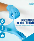 Person pulling a Blue Nitrile Exam Gloves 4 Mil Heavy Duty, showcasing chemical resistance and tough grip.