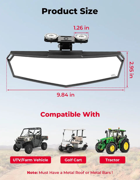 Upgraded Top Heavy Duty Magnetic Rear View Side Mirror With Wide Angle Hd Convex Lens For Golf Carts Forklifts And Utv Rides Featuring Secure Clip Mount dimensions 9.84x2.95 inches.